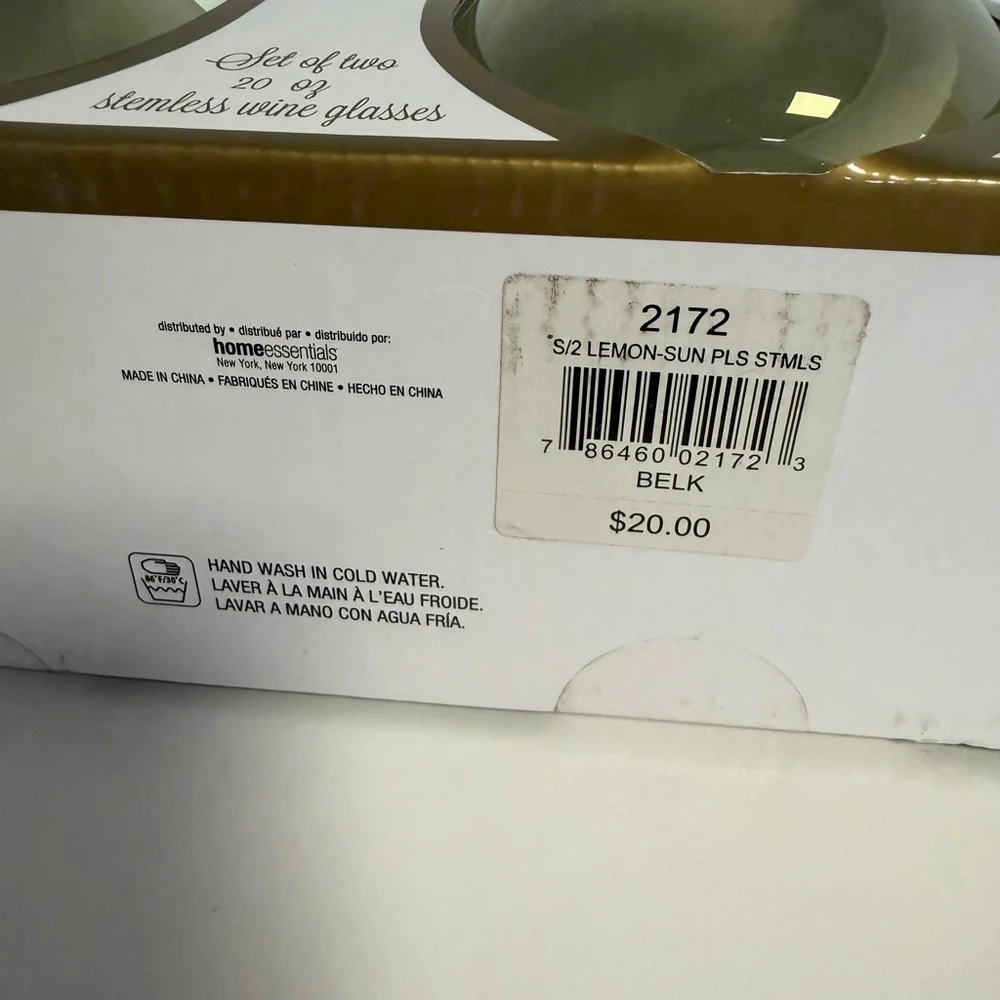 Home Essentials Stemless Wine Glasses Set of 2 Green Yellow NEW Lemon Sun Please